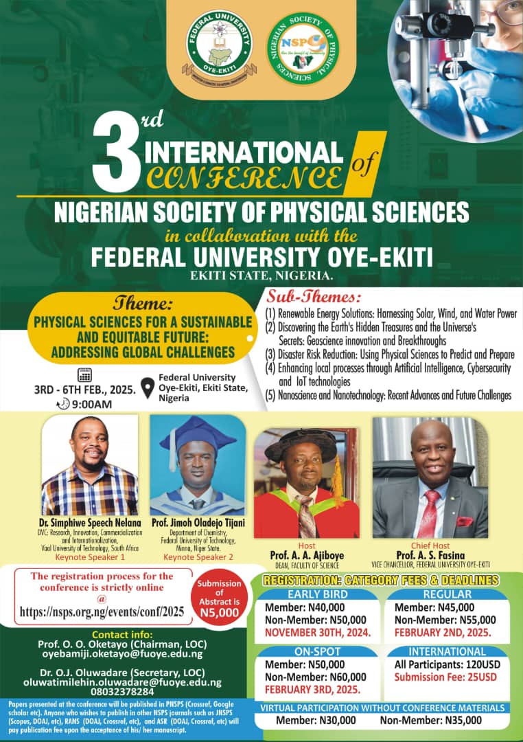 3rd Int. Conf. of NSPS to be held @ FUOye, Ekiti State, Nigeria